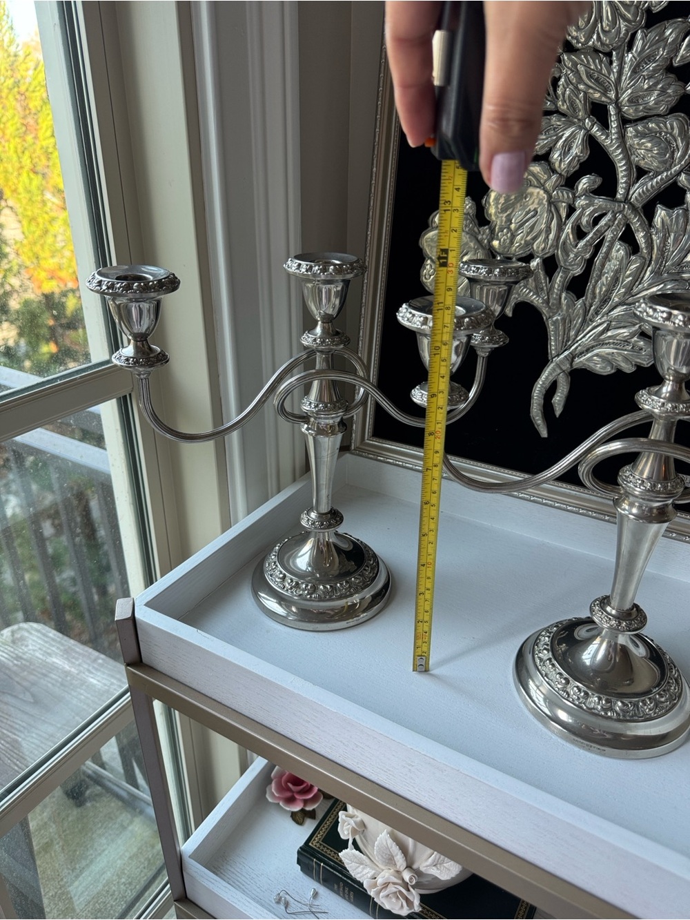 Silver Three-Arm Candelabra Pair - Elegant Silver Candle Holders - Picture 4 of 9